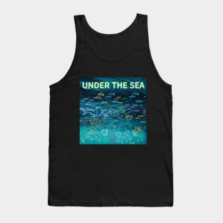 under the sea,blue sea,sea creatures,Turtle, puffer fish, starfish, shrimp, shark, tropical fish, sea horse, seaweed, sardines, squid, crabs, clams Tank Top